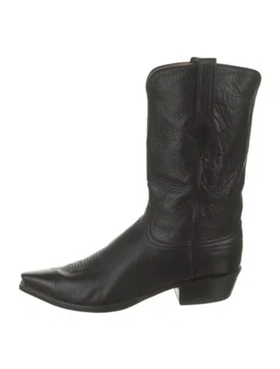 Pre-owned Lucchese Leather Embroidered Accent Western Boots In Black