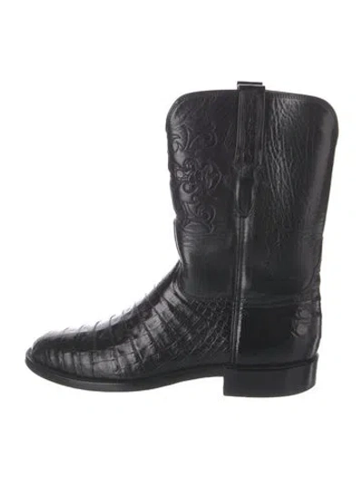 Pre-owned Lucchese Leather Embroidered Accent Western Boots In Black