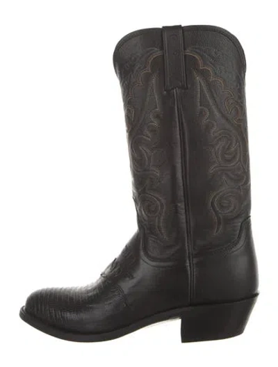 Pre-owned Lucchese Leather Embroidered Accent Western Boots In Black