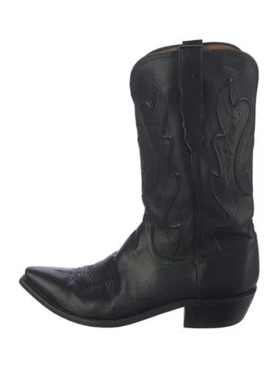 Pre-owned Lucchese Leather Embroidered Accent Western Boots In Black