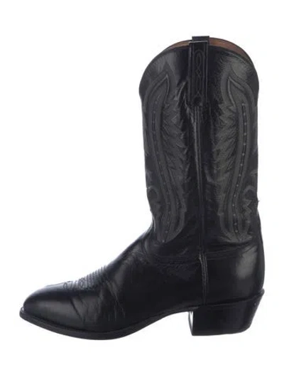 Pre-owned Lucchese Leather Embroidered Accent Western Boots In Black