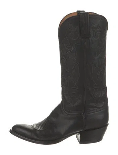 Pre-owned Lucchese Leather Embroidered Accent Western Boots In Black
