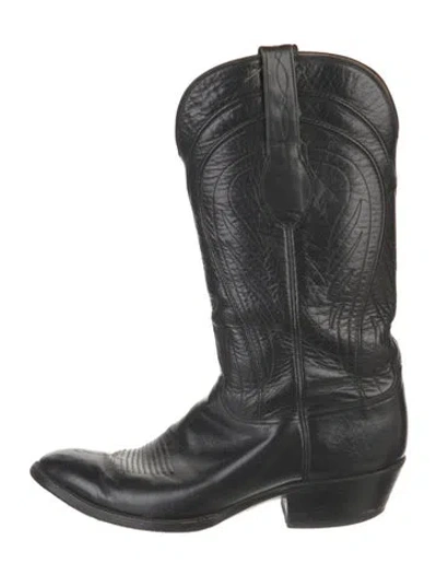 Pre-owned Lucchese Leather Embroidered Accent Western Boots In Black