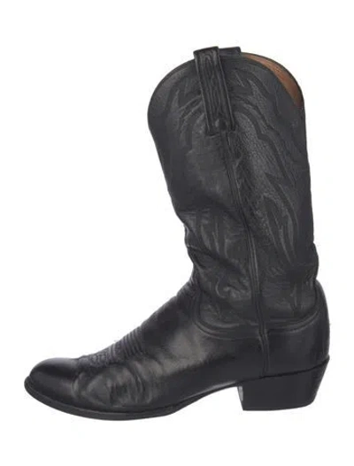 Pre-owned Lucchese Leather Embroidered Accent Western Boots In Black