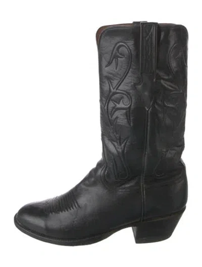 Pre-owned Lucchese Leather Embroidered Accent Western Boots In Black