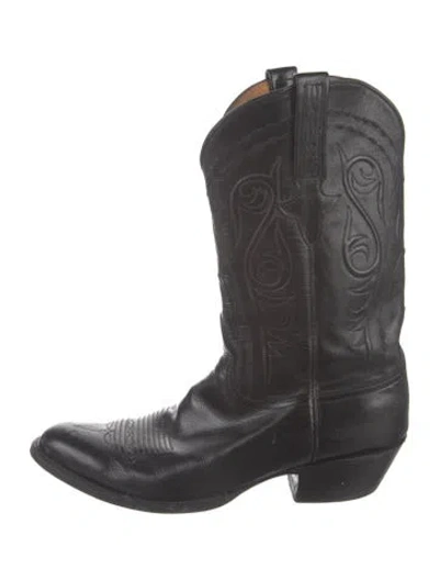 Pre-owned Lucchese Leather Embroidered Accent Western Boots In Black