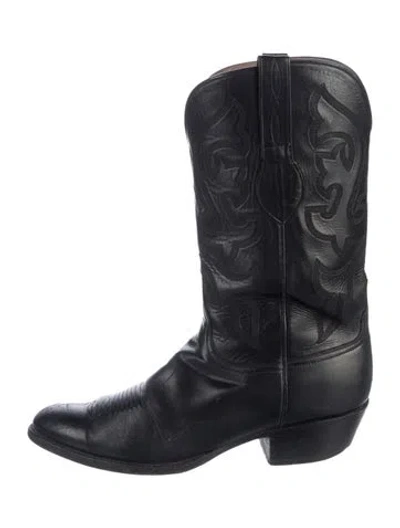 Pre-owned Lucchese Leather Embroidered Accent Western Boots In Black
