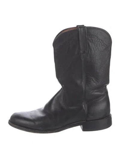 Pre-owned Lucchese Leather Embroidered Accent Western Boots In Black