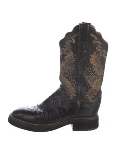 Pre-owned Lucchese Leather Embroidered Accent Western Boots In Black