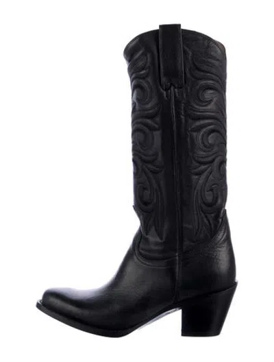 Pre-owned Lucchese Leather Embroidered Accent Western Boots In Black