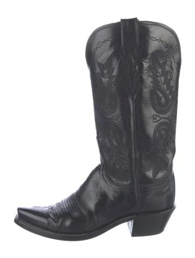 Pre-owned Lucchese Leather Embroidered Accent Western Boots In Blue