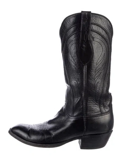 Pre-owned Lucchese Leather Embroidered Accent Western Boots In Blue