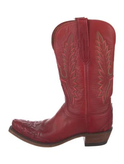 Pre-owned Lucchese Leather Embroidered Accent Western Boots In Blue/red