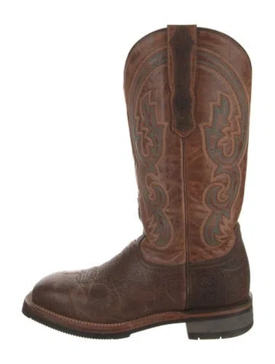 Pre-owned Lucchese Leather Embroidered Accent Western Boots In Brown