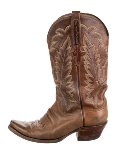 Pre-owned Lucchese Leather Embroidered Accent Western Boots In Brown