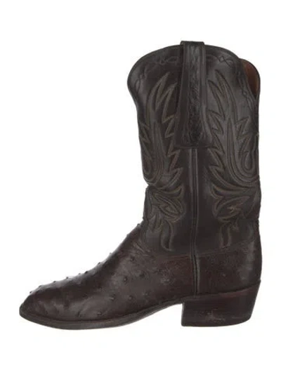 Pre-owned Lucchese Leather Embroidered Accent Western Boots In Brown