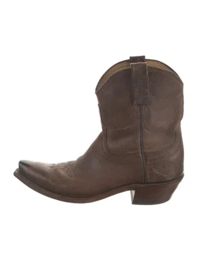 Pre-owned Lucchese Leather Embroidered Accent Western Boots In Brown