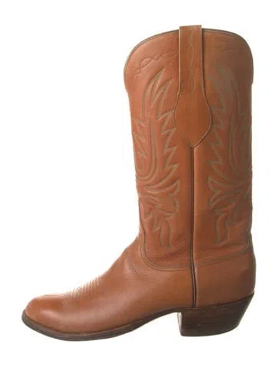 Pre-owned Lucchese Leather Embroidered Accent Western Boots In Brown