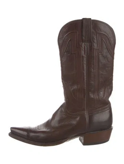 Pre-owned Lucchese Leather Embroidered Accent Western Boots In Brown