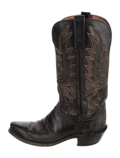 Pre-owned Lucchese Leather Embroidered Accent Western Boots In Brown