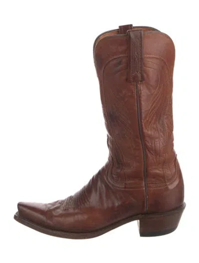 Pre-owned Lucchese Leather Embroidered Accent Western Boots In Brown