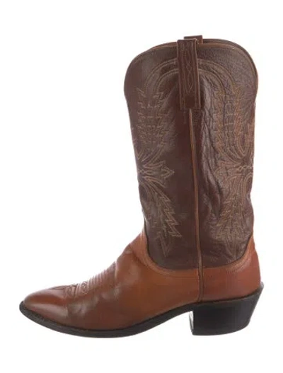 Pre-owned Lucchese Leather Embroidered Accent Western Boots In Brown