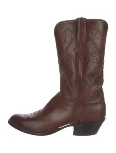 Pre-owned Lucchese Leather Embroidered Accent Western Boots In Brown