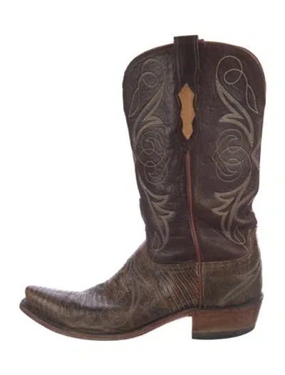 Pre-owned Lucchese Leather Embroidered Accent Western Boots In Brown