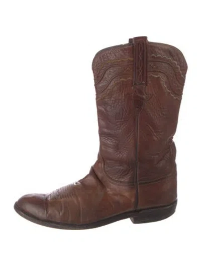 Pre-owned Lucchese Leather Embroidered Accent Western Boots In Brown