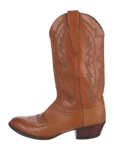 Pre-owned Lucchese Leather Embroidered Accent Western Boots In Brown