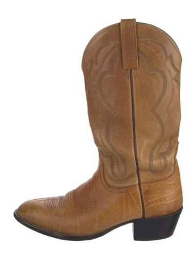Pre-owned Lucchese Leather Embroidered Accent Western Boots In Brown