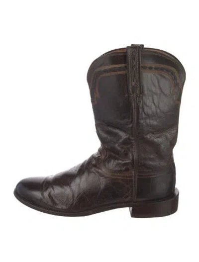 Pre-owned Lucchese Leather Embroidered Accent Western Boots In Brown