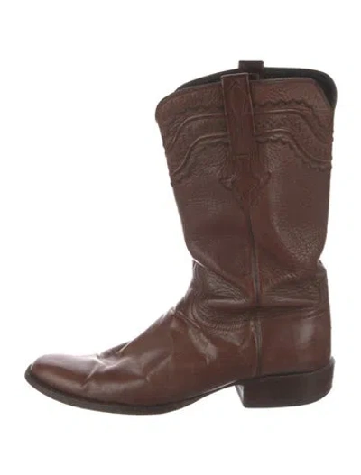 Pre-owned Lucchese Leather Embroidered Accent Western Boots In Brown