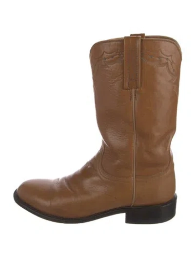 Pre-owned Lucchese Leather Embroidered Accent Western Boots In Brown