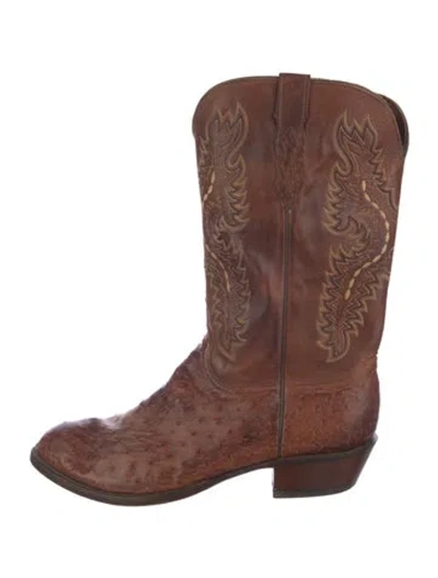 Pre-owned Lucchese Leather Embroidered Accent Western Boots In Brown
