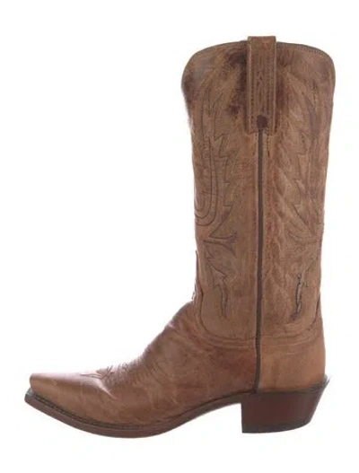 Pre-owned Lucchese Leather Embroidered Accent Western Boots In Brown