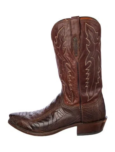 Pre-owned Lucchese Leather Embroidered Accent Western Boots In Brown