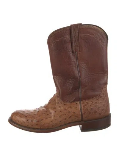 Pre-owned Lucchese Leather Embroidered Accent Western Boots In Brown