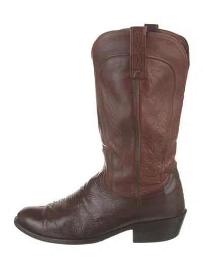 Pre-owned Lucchese Leather Embroidered Accent Western Boots In Brown