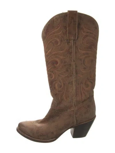 Pre-owned Lucchese Leather Embroidered Accent Western Boots In Brown
