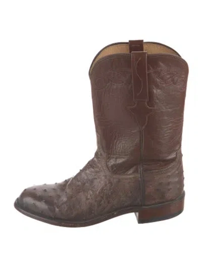 Pre-owned Lucchese Leather Embroidered Accent Western Boots In Brown