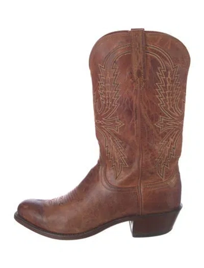 Pre-owned Lucchese Leather Embroidered Accent Western Boots In Brown