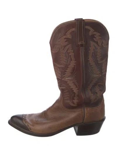 Pre-owned Lucchese Leather Embroidered Accent Western Boots In Brown