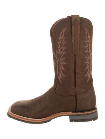 Pre-owned Lucchese Leather Embroidered Accent Western Boots In Brown
