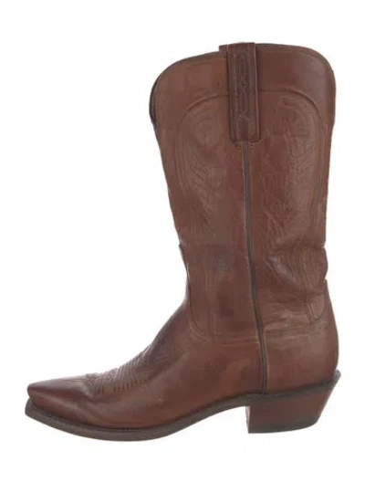 Pre-owned Lucchese Leather Embroidered Accent Western Boots In Brown
