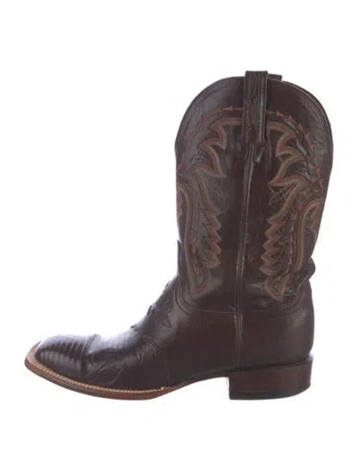 Pre-owned Lucchese Leather Embroidered Accent Western Boots In Brown