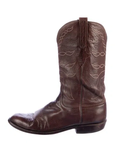 Pre-owned Lucchese Leather Embroidered Accent Western Boots In Brown