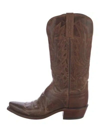 Pre-owned Lucchese Leather Embroidered Accent Western Boots In Brown