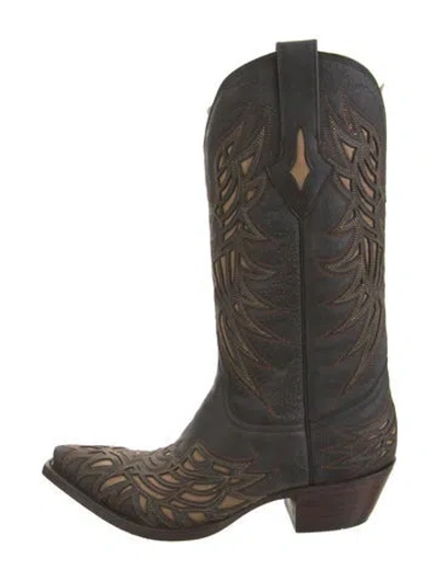 Pre-owned Lucchese Leather Embroidered Accent Western Boots In Brown