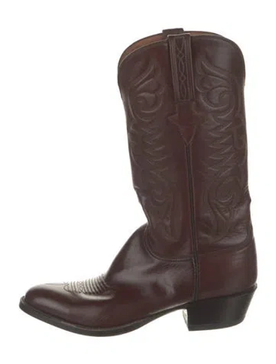 Pre-owned Lucchese Leather Embroidered Accent Western Boots In Brown